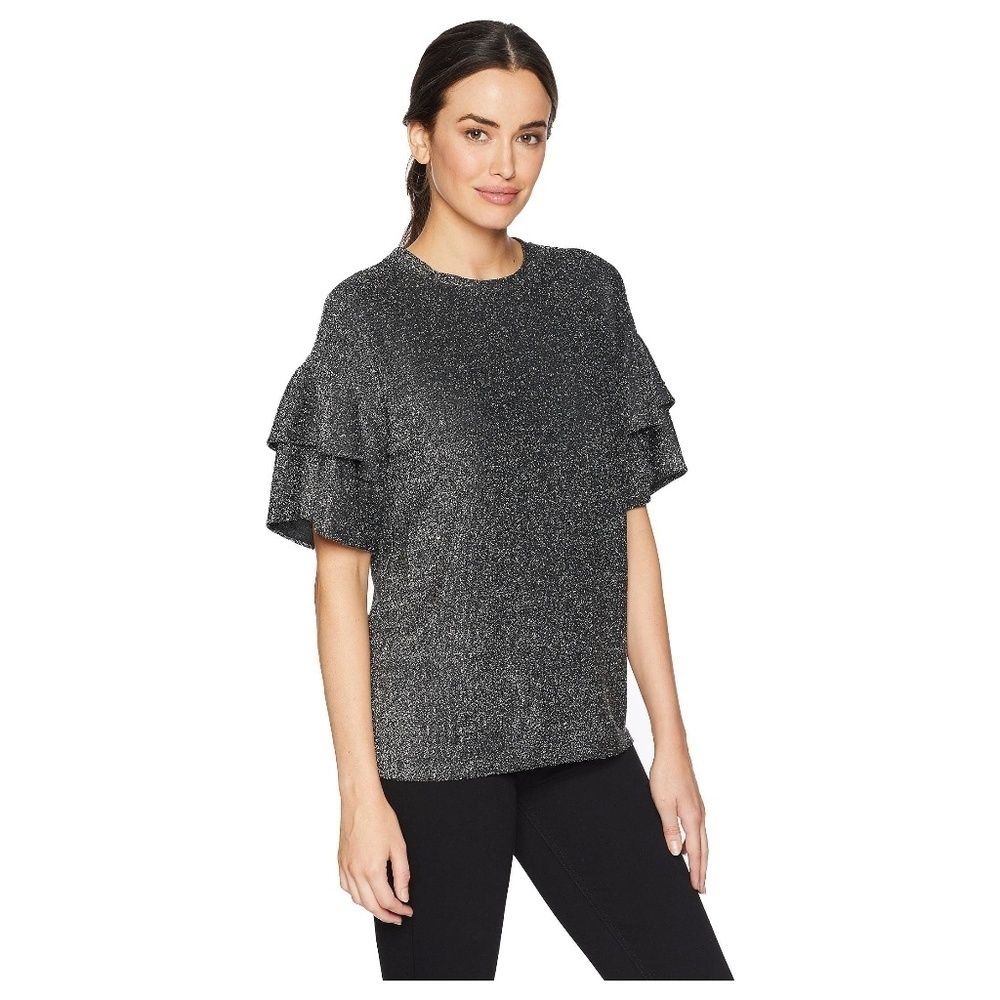 Michael Kors Silver Black Glitter Ruffle Knit Top